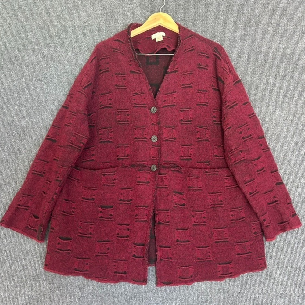 J Jill Womens M Cardigan Wool Sweater Distressed Oversized Burgundy Long Sleeve